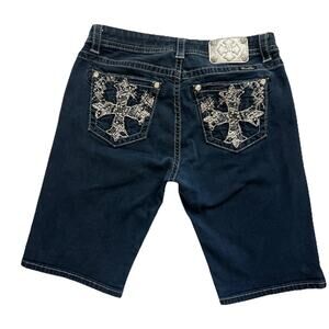 Miss Me Easy Bermuda Denim Shorts Womens 32 Jean Mid-Rise Rhinestones Cross Y2K